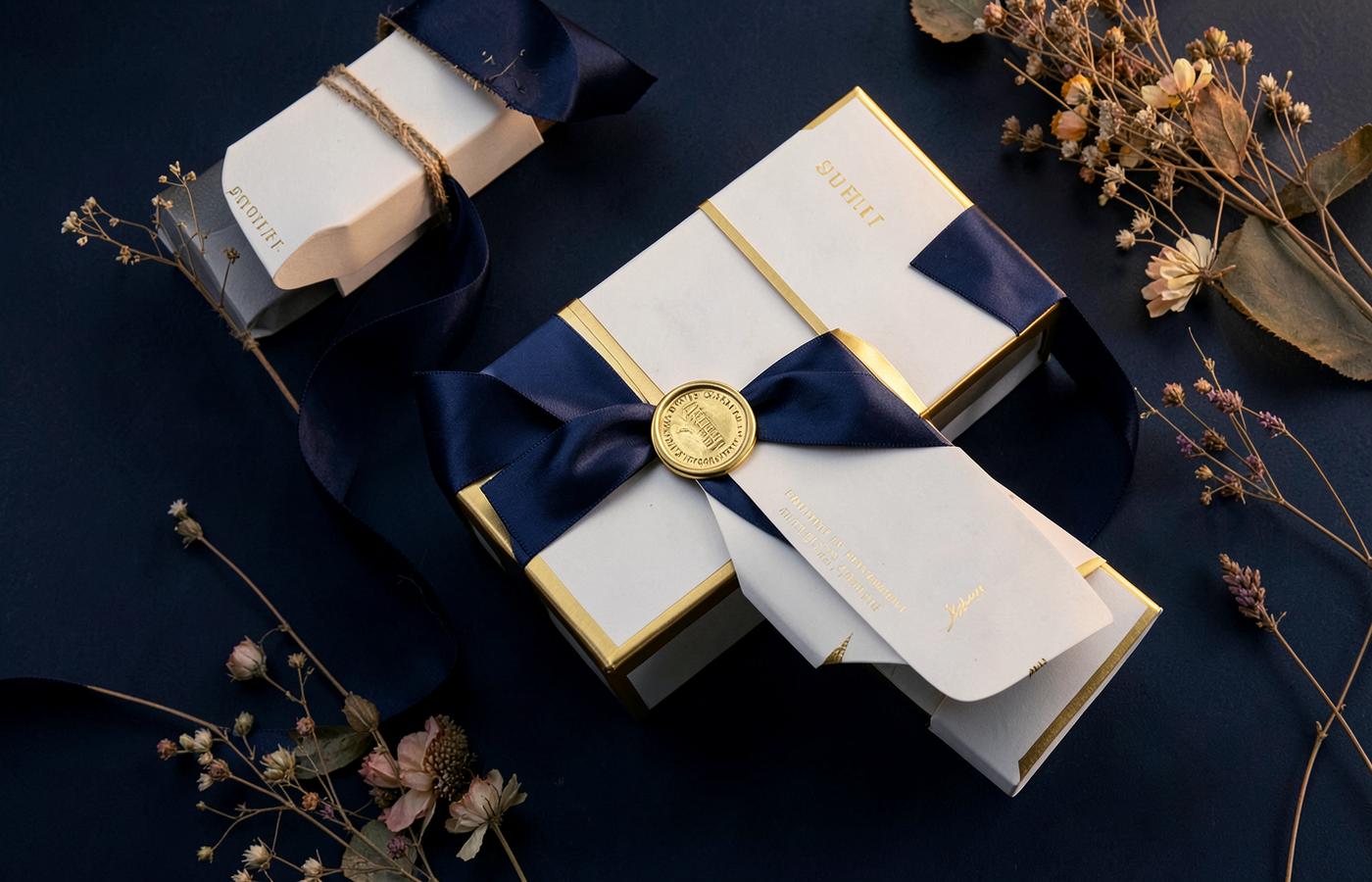 Navy and gold KIKIZ gift boxes tied with silk ribbon and a gold wax seal